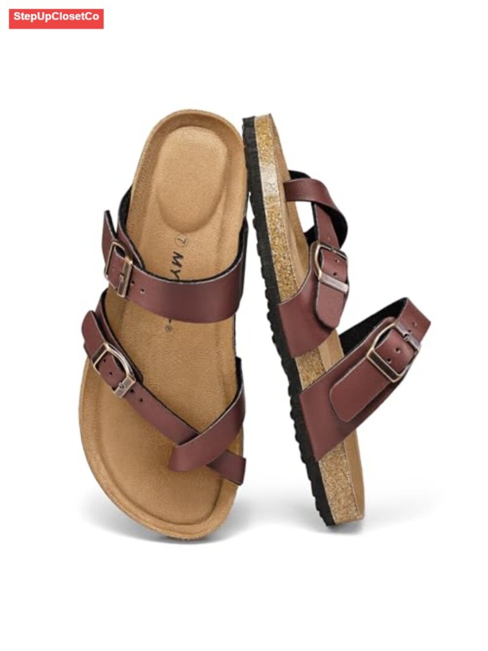 Women's Cork Footbed Slide Sandals Double Adjustable Buckle Slip On Walking